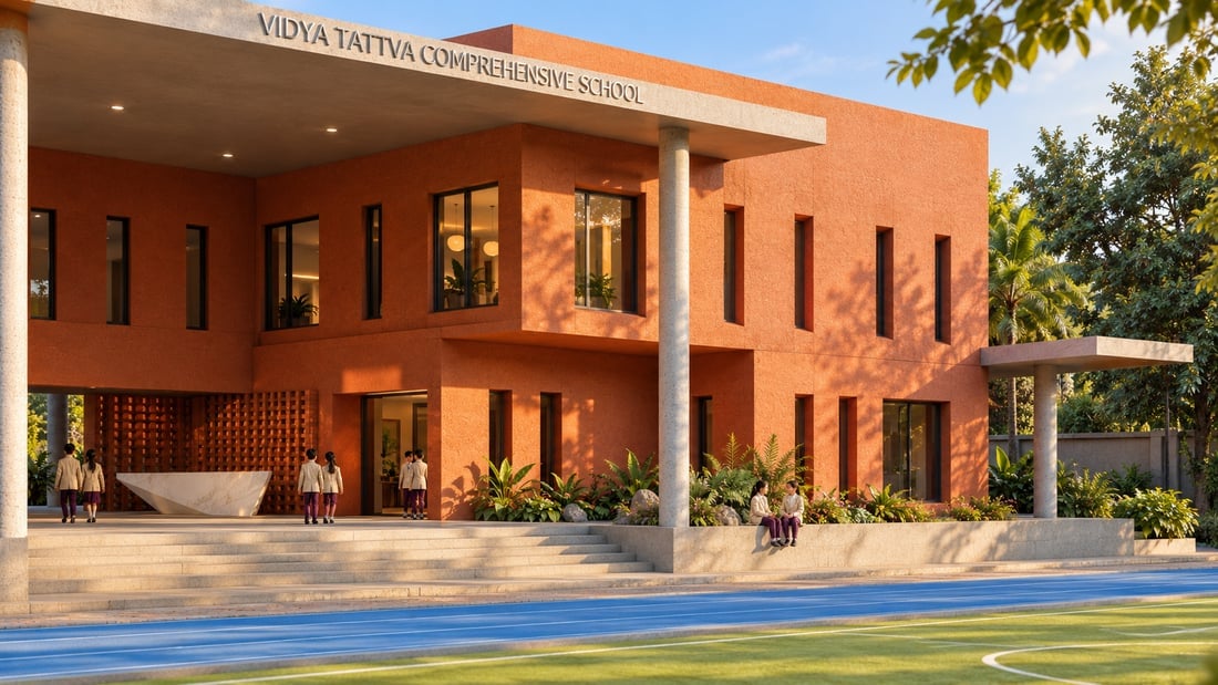 Vidya Tattva Comprehensive School: the red-brick entrance building with its covered porch