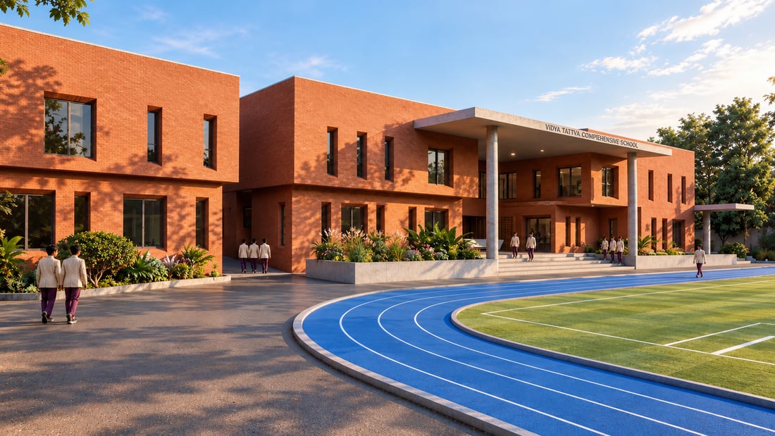 The campus buildings beside the running track and playing field